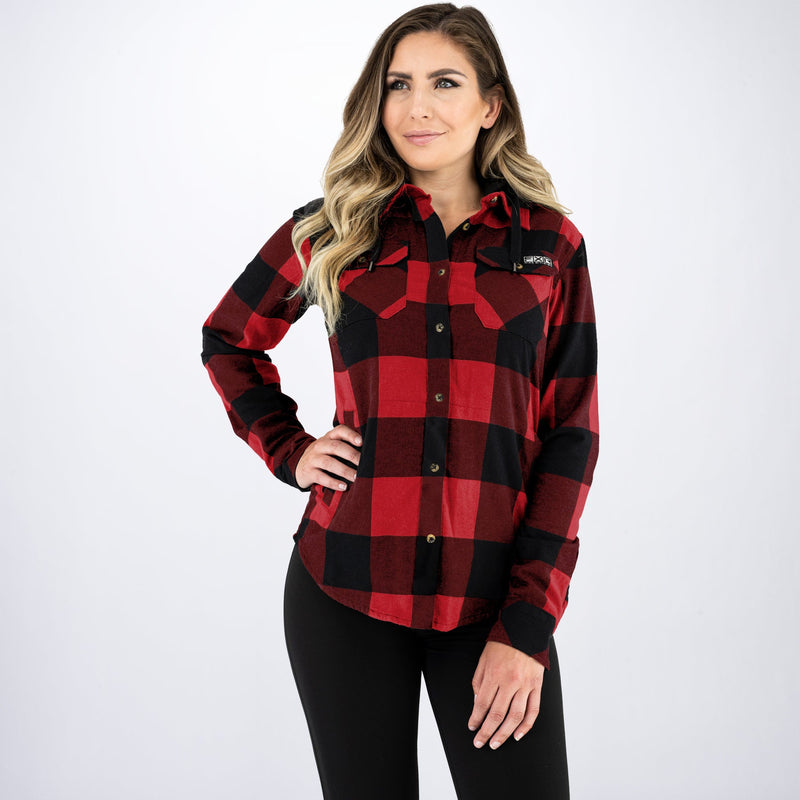 Chargez l'image dans la visionneuse de la galerie, TimberHoodedFlannel_Shirt_W_RustBlack_211210-_3710_Front
