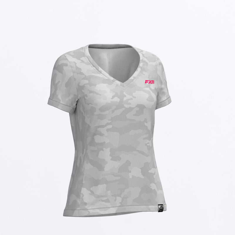 Chargez l'image dans la visionneuse de la galerie, BreezyUPF_VNeckTShirt_W_GreyCamoRazz_242259-_0728_Front
